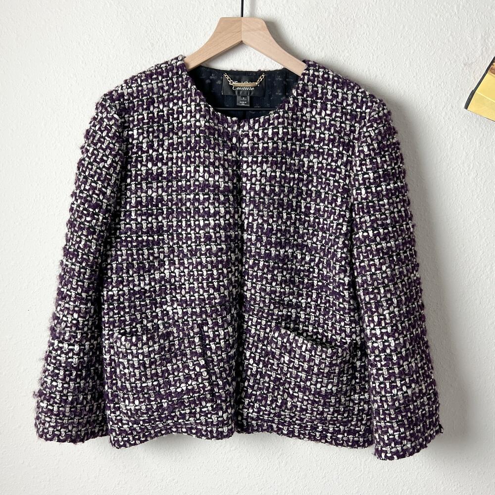 st john couture purple black tweed classy dressy formal open front jacket